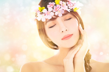 closeup young beauty face with spring background