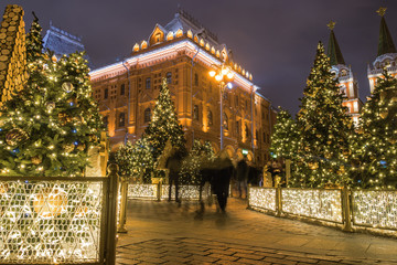 Festive New Year Illumination on the Manezhnaya square near Red square and Kremlin, Moscow, Russia.