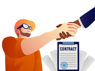 Handshake of business partners. Vector flat style illustration isolated repairman worker and businessman came to an agreement and completed the deal with a handshake.