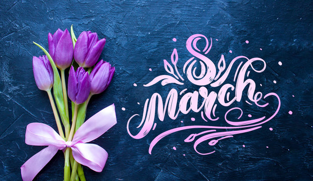8 March Women's Day greeting card with tulips spring flowers and inscription "8 March".