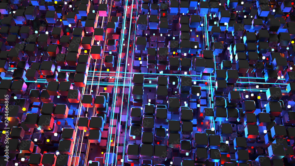 Poster blue and red matrix of cubes and glowing big data streams 3d render