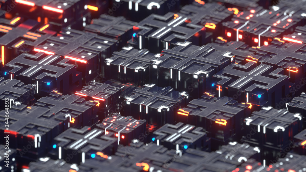 Poster futuristic techno structure of metalic cubes 3d rendering
