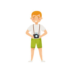 Young smiling man with camera. Cartoon character of tourist. Travel to Vietnam, Asia. Flat vector design