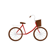 Fototapeta na wymiar Red bicycle with brown basket, side view. Popular Vietnamese transport. Vehicle with two wheels. Flat vector design