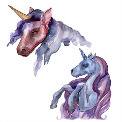 Cute unicorn horse. Rainbow animal horn character. Watercolor background set. Isolated unicorn illustration element.