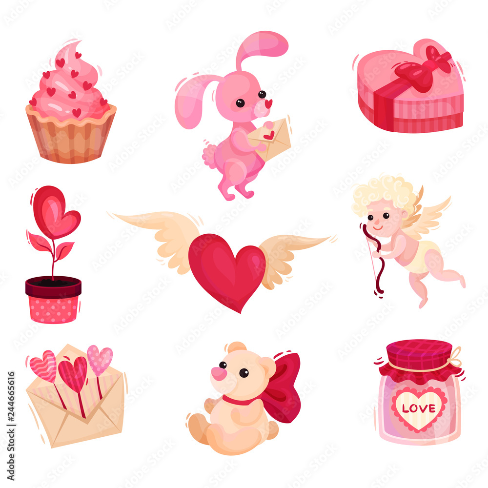 Poster flat vector set of different object related to valentines day theme. holiday presents. elements for 