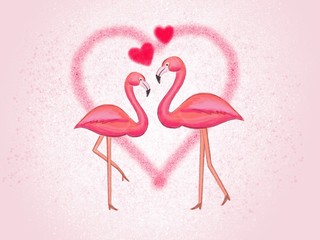 Pink flamingos hand drawn  and red hearts on background. Greeting card for Valentine's day of 14th february.