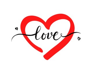 Love hand drawn calligraphy text and red heart on background. Greeting card for Valentine's day of 14th february.