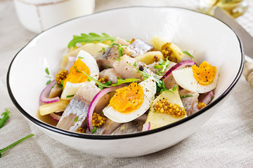 Traditional  salad of salted herring fillet, fresh apples,  red onion  and eggs. Kosher food....