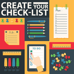 To do list or planning icon concept vector illustration. Create your check-list. Tablet with check marks,gaps for text, pens, pencils and markers. Hand clicking on task with stationery banner.