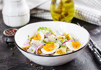 Traditional  salad of salted herring fillet, fresh apples,  red onion  and eggs. Kosher food....