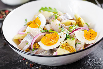 Traditional  salad of salted herring fillet, fresh apples,  red onion  and eggs. Kosher food. Scandinavian cuisine.