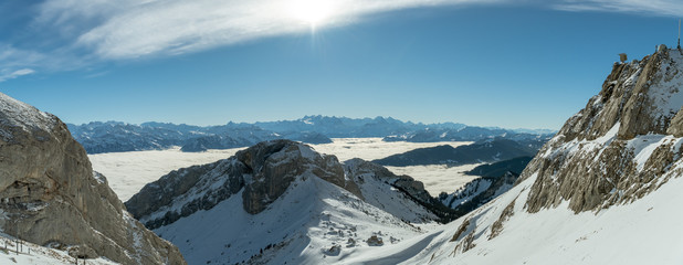Beautiful views on Swiss Alps during inversion weather as seen from top ot Mount Pilatus