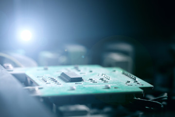Electronic Board. Small depth of field. Lens flare. Colorize Image