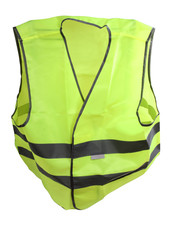 Construction hard helmet and yellow vest on white background
