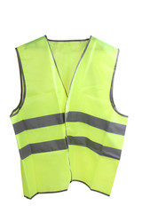 Construction hard helmet and yellow vest on white background