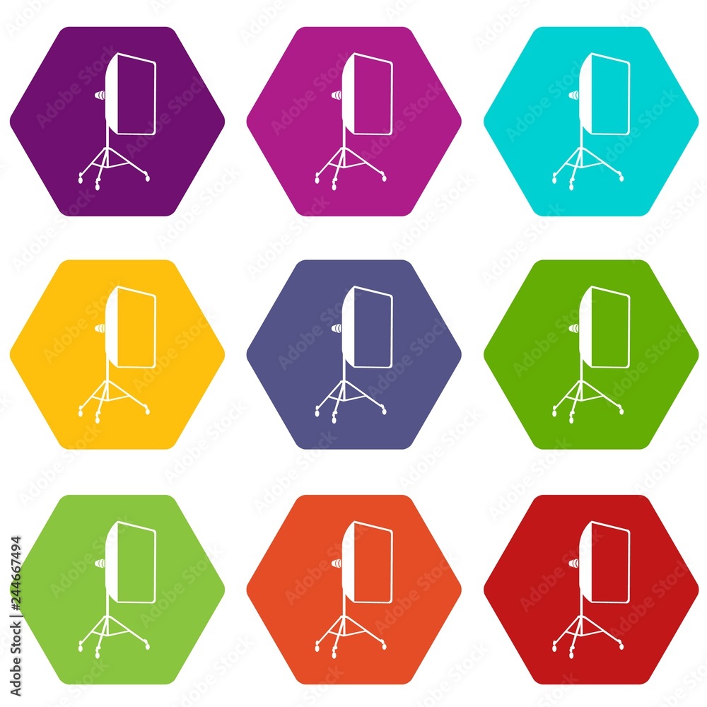 Poster studio light bulb in softbox icons 9 set coloful isolated on white for web