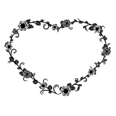 The black heart from a flower ornament on a white background. Ornament of hearts from roses and leaves. Jewelry, heart symbol, greeting card. Vector