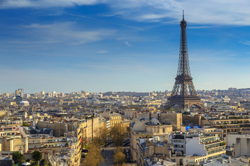 Beautiful panoramic view of Paris from the roof of the Triumphal Arch. Champs Elysees and the...
