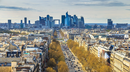 La Defense business area, La Grande Armee avenue. View from Arc de Triomphe. Paris, France, Europe