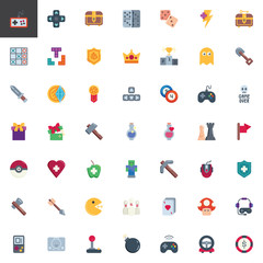 Video games and gaming elements collection, flat icons set, Colorful symbols pack contains - Gamepad controller, Game Controller Joystick, Retro console,  Mouse. Vector illustration. Flat style design