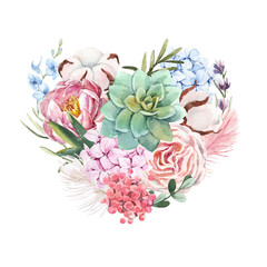 Watercolor floral heart composition