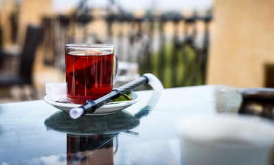 Arabic tea with shisha pipe in the bar