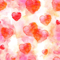 A seamless pattern of red watercolor hearts on a romantic pastel pink background, a Valentine day repeat print