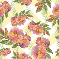 Tuinposter Seamless pattern with flowers and rose hips in watercolor style. Can be used for fabric, wrapping paper, postcard design, invitations, greetings, etc. © Art SEA