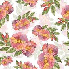 Seamless pattern with flowers and rose hips in watercolor style. Can be used for fabric, wrapping paper, postcard design, invitations, greetings, etc.