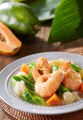 Delicious Chinese cuisine, fresh shrimp and Luffa soup


