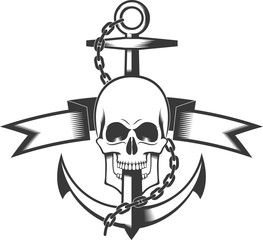 Skull with anchor banner and chain. An illustration of a pirate theme © Evgeniy