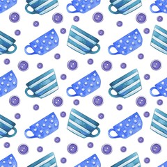 Romantic seamless pattern with cute cups, mugs, hearts, stars, buttons and more. The illustration is suitable for wrapping paper, card, cloth and more.