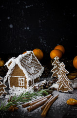 Fototapeta na wymiar Gingerbread house on black night background, ginger cookies christmas dark photo