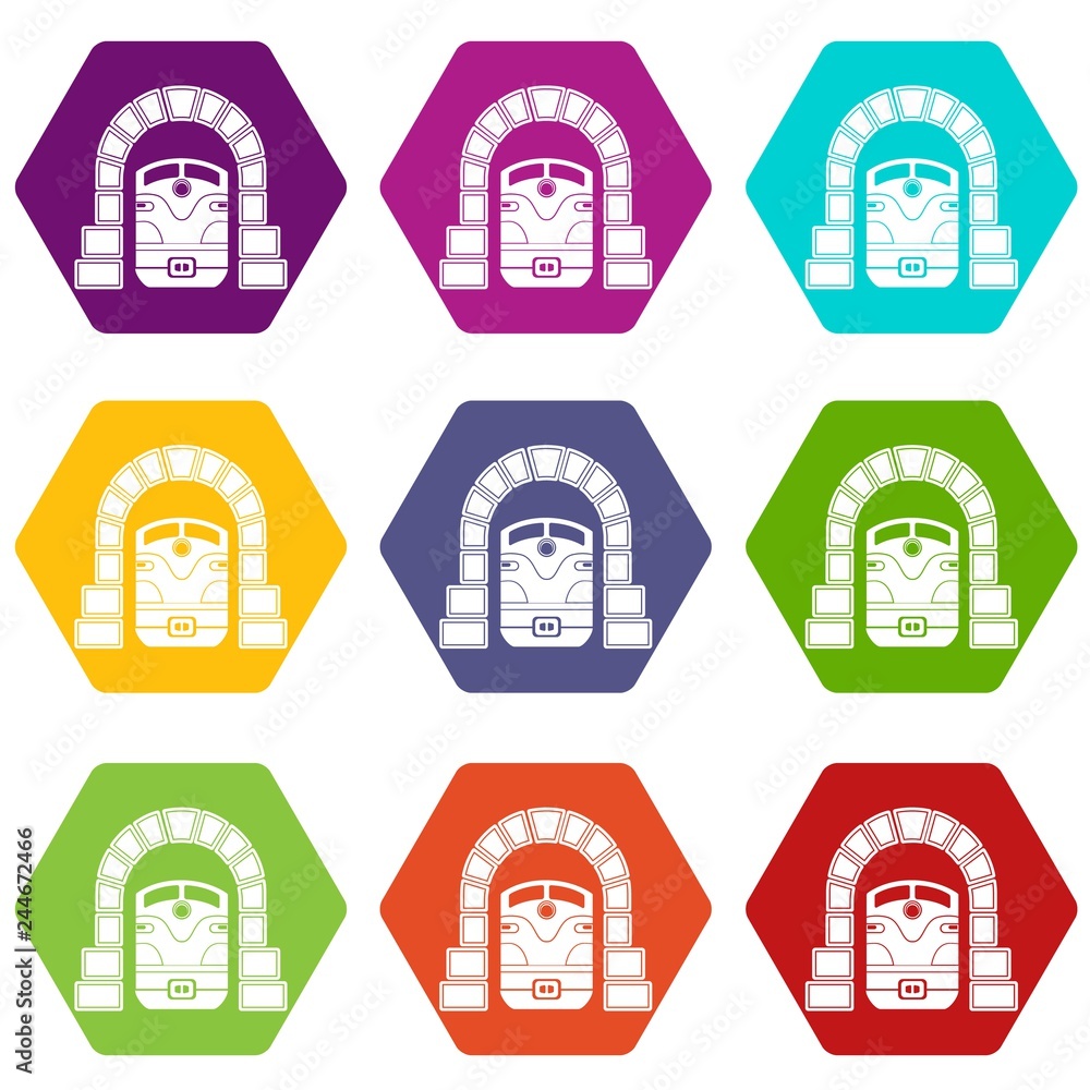 Poster train in tunnel icons 9 set coloful isolated on white for web