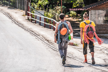 Hikers, extremal tourists walking to Meteora