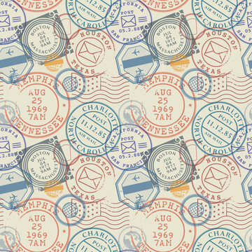 Seamless pattern with visa rubber stamps on passport
