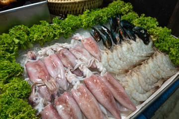 Squid and few seafood at street market.