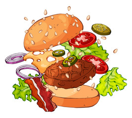 Vector colorful illustrations on the burgers theme. Pictures contain realistic shadows and glare. Isolated objects for your design.