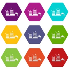 Tower of chemical factory icons 9 set coloful isolated on white for web