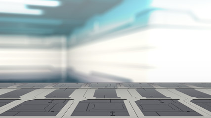 3d illustration of sci fi lab table with Blur sci-fi Background 3d render