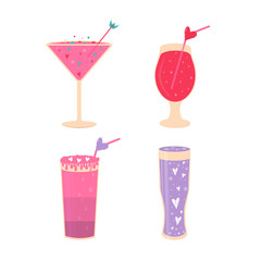 Lovely Valentines day gift card with different glasses of wine, sweet cocktail and hearts