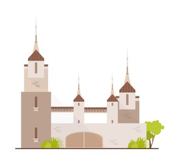 Gorgeous medieval castle, fairytale fortress, fantastic citadel or stronghold isolated on white background. Beautiful ancient historical building with spires. Flat cartoon vector illustration.