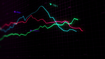 3D rendering of stock indexes in virtual space. Economic growth, recession