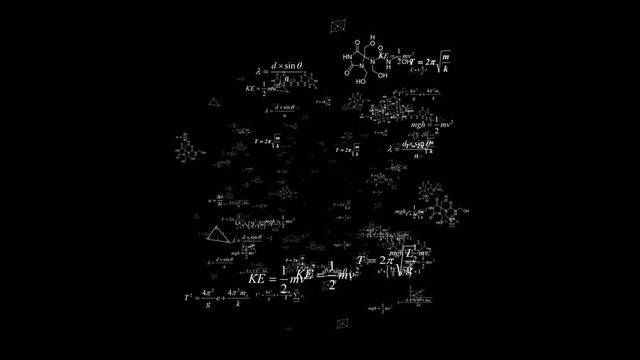 Camera fly through matrix made up of math formulas and equations.Mathematical cognitive process. Abstract cognitive process concept.