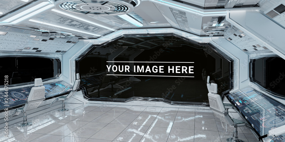 Aufkleber White spaceship interior with large window view 3D rendering
