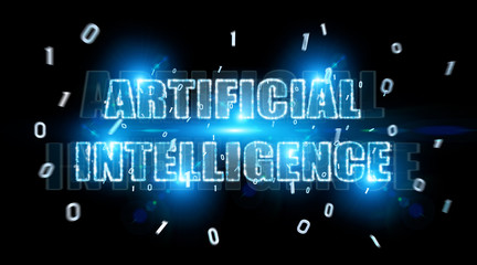 Digital artificial intelligence text hologram 3D rendering