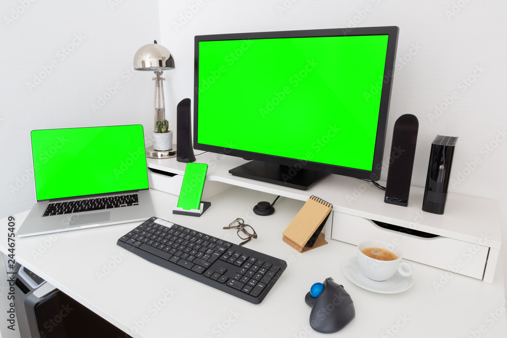 Poster computer and devices on modern white desk interior 3d rendering