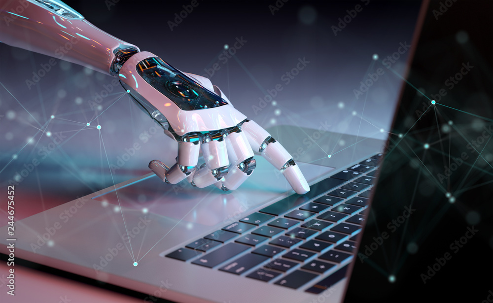 Poster robotic hand pressing a keyboard on a laptop 3d rendering
