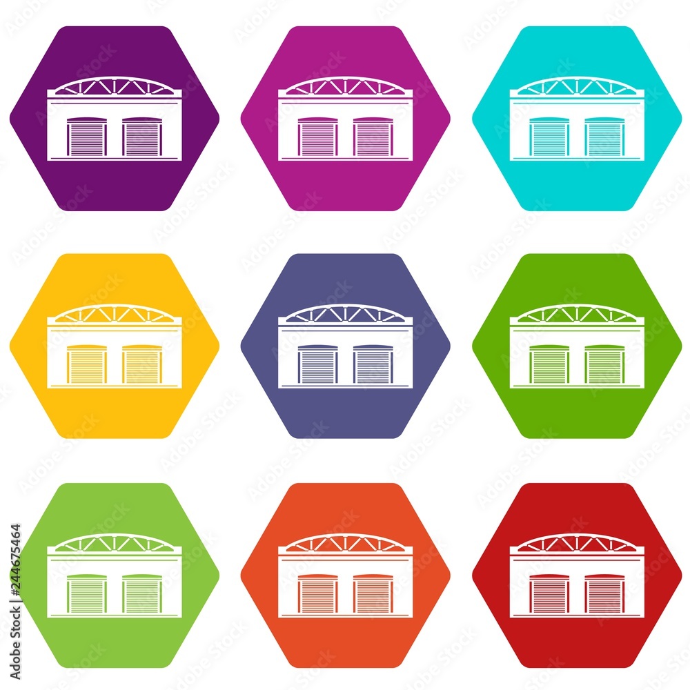 Poster warehouse factory icons 9 set coloful isolated on white for web